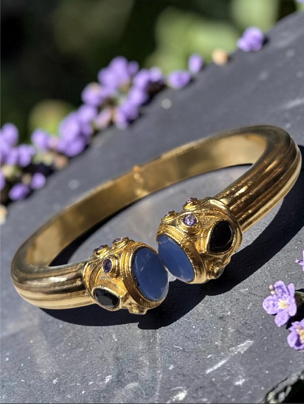 18k Gold Plated Blue Chalcedony Onyx Amethyst Crystal Byzantine Revival Bracelet